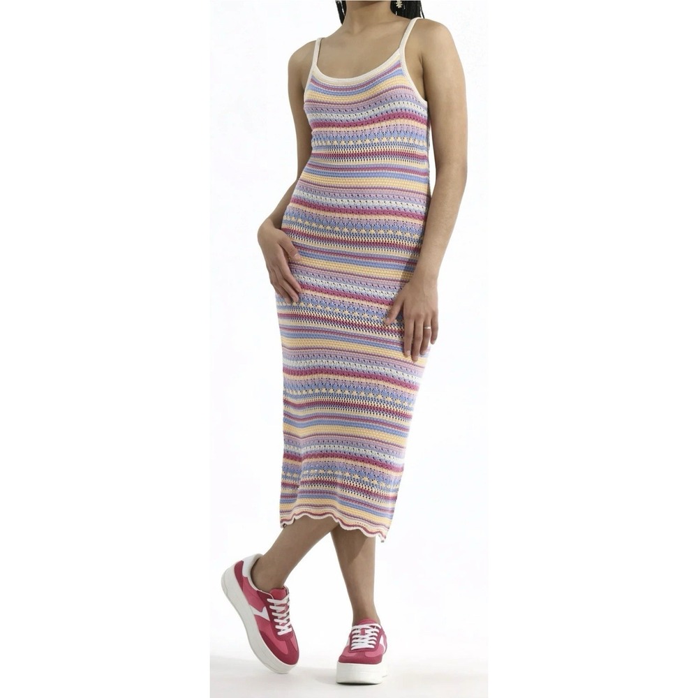 No Boundaries Women's Pointelle Crochet Midi Dress – Multicolor Stripe L‎ - NWT
